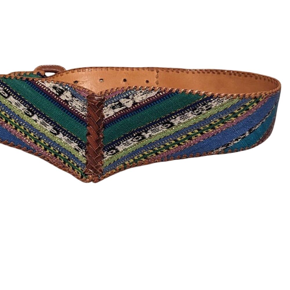 Vintage Colorful Tapestry Leather Chevron Whipstitch Edged Belt Size 34 - Picture 4 of 11